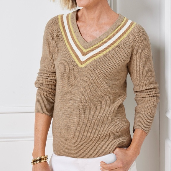 Talbots Sweaters - Talbots Small Petite textured Tan V-Neck Sweater with Striped Detail